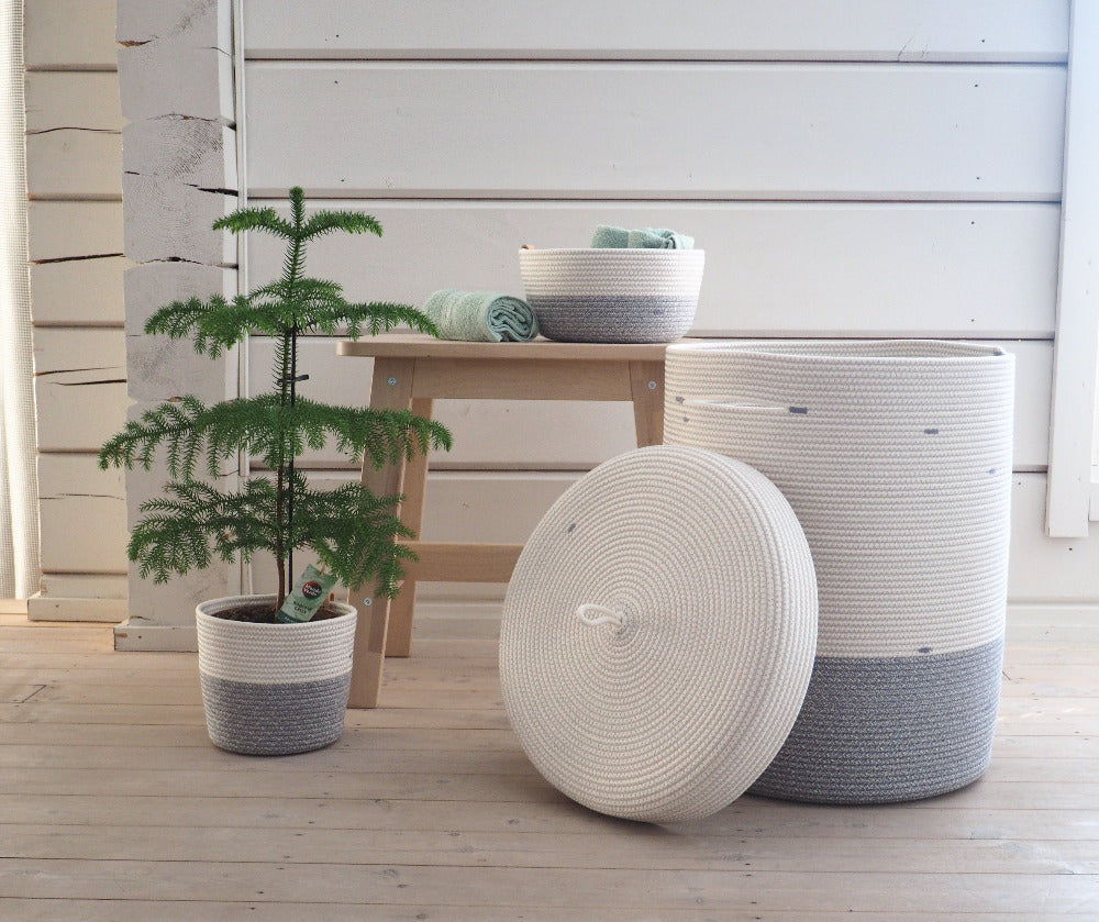 Panier à Linge Gris Pastel &amp; Blanc